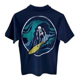 GAP Navy Blue Surfing Skull Graphic Print Short Sleeve Polo Shirt Size Large